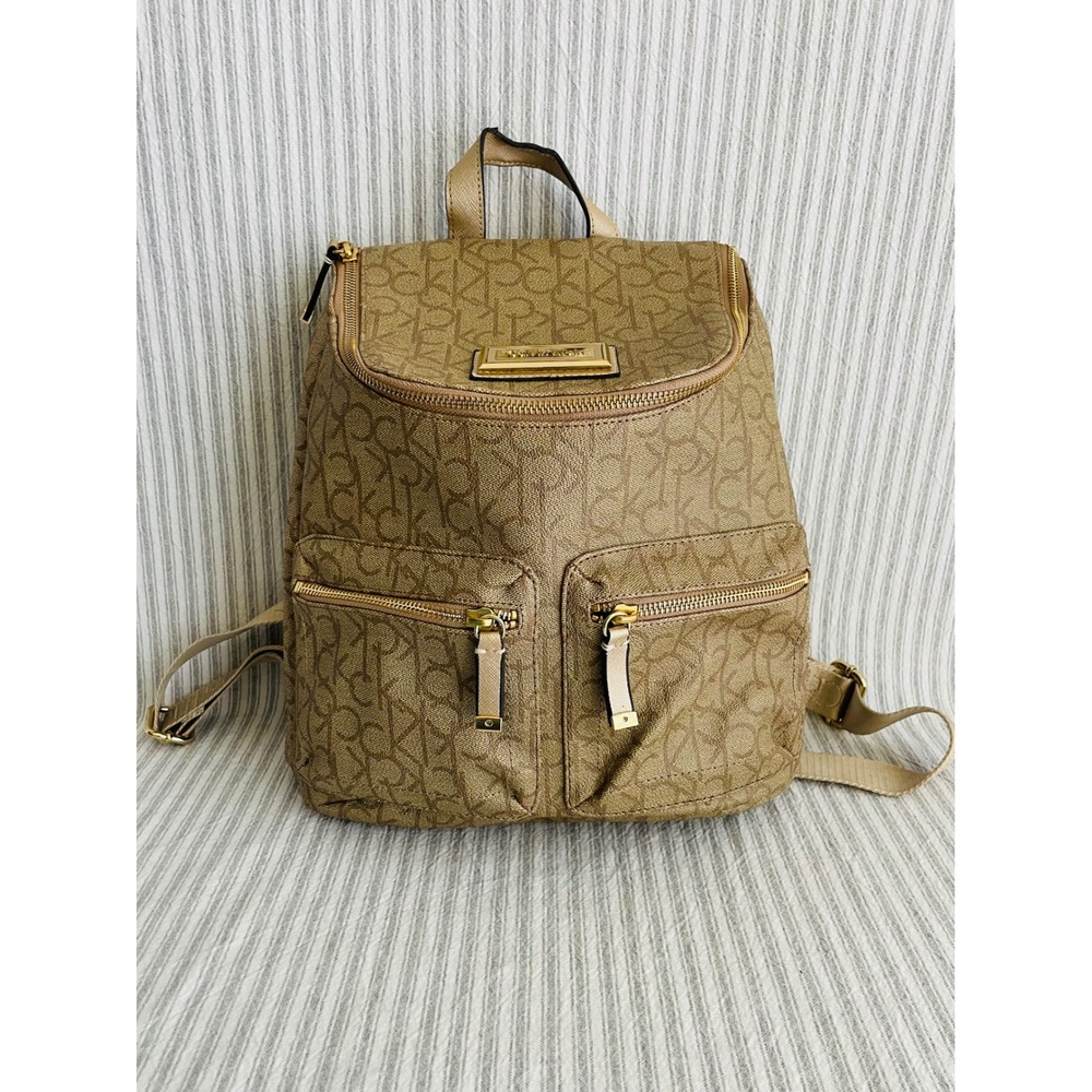 Calvin Klein Monogram Logo Backpack Tan Brown Gold Tone Hardware CK Logo Straps